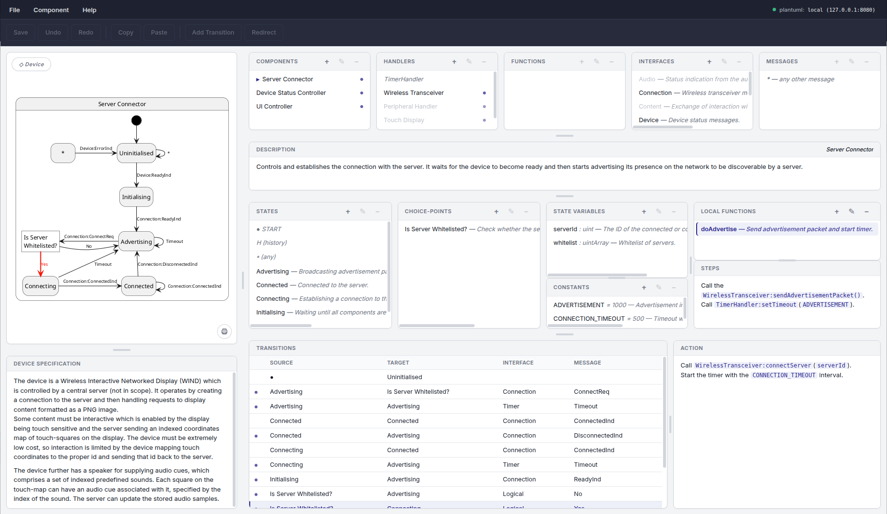 Stadiæ editor with a rendered state diagram on the left and the domain panel on the right